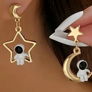 Gold Star and Moon Astronaut Earrings